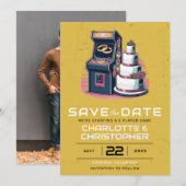 Retro arcade bruiloft save the date (Voorkant / Achterkant)