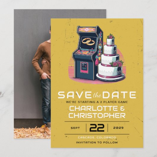 Retro arcade bruiloft save the date (Voorkant / Achterkant)