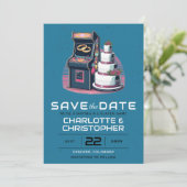 Retro arcade bruiloft save the date (Staand voorkant)