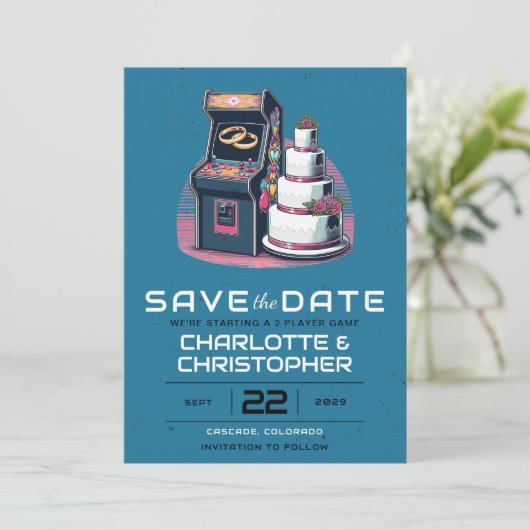 Retro arcade bruiloft save the date (Staand voorkant)