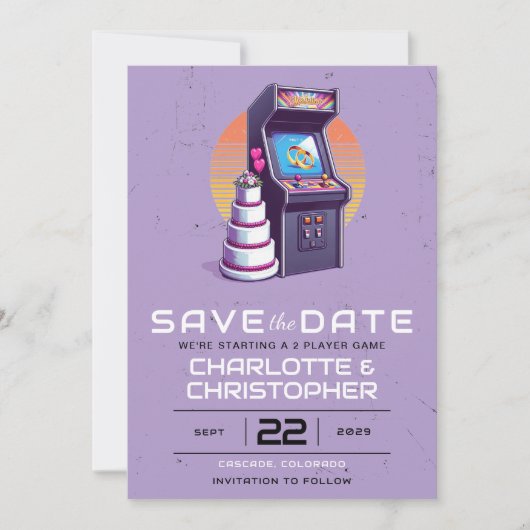 Retro arcade bruiloft save the date (Voorkant)