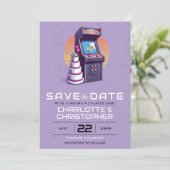 Retro arcade bruiloft save the date (Staand voorkant)
