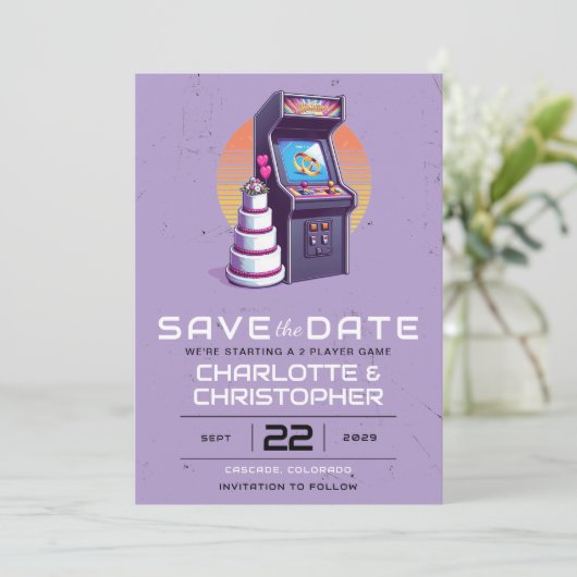 Retro arcade bruiloft save the date (Staand voorkant)