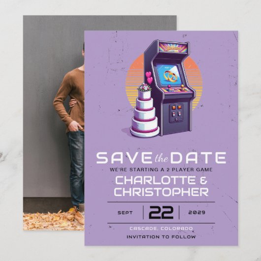 Retro arcade bruiloft save the date (Voorkant / Achterkant)