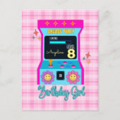 Retro Arcade Feestje Blauw Roze Verjaardagsfeestje Briefkaart (Voorkant)