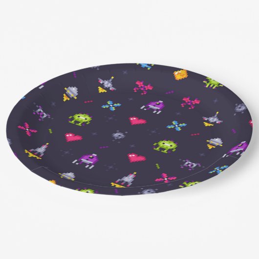 Retro Arcade Game Patroon Verjaardagsfeest Papieren Bordje (Gekanteld)