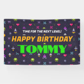 Retro Arcade Game Patroon Verjaardagsfeest Spandoek (Horizontaal)