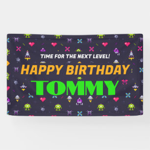 Retro Arcade Game Patroon Verjaardagsfeest Spandoek