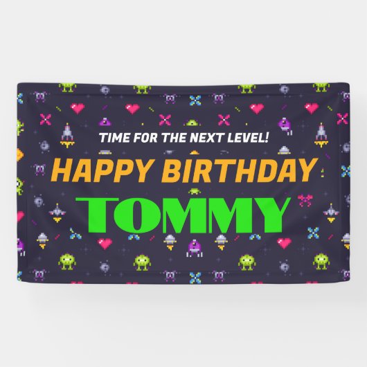 Retro Arcade Game Patroon Verjaardagsfeest Spandoek (Horizontaal)