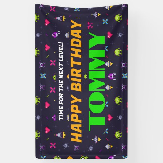 Retro Arcade Game Patroon Verjaardagsfeest Spandoek (Verticaal)