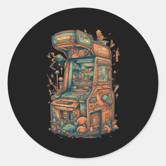 Retro Arcade Gamer Clic Gaming Arcade Machine Ronde Sticker (Voorkant)