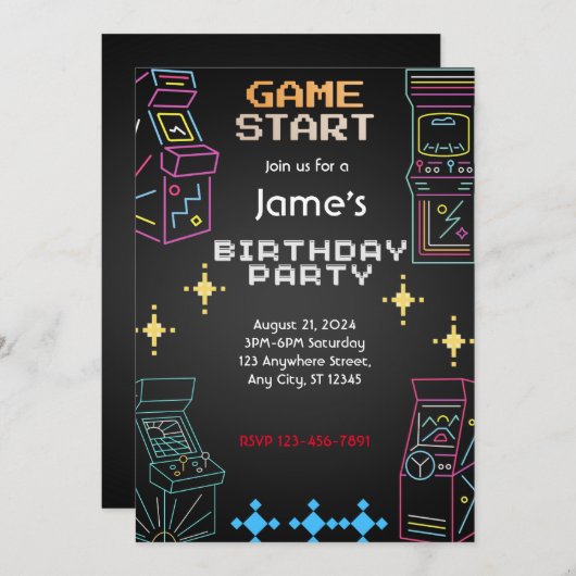 Retro Arcade Games Feest Uitnodiging Verjaardag (Voorkant / Achterkant)