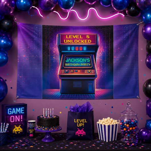 Retro Arcade Level Up Verjaardagsfeest Banner