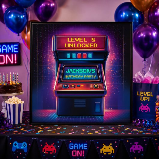 Retro Arcade Level Up Verjaardagsfeest Poster