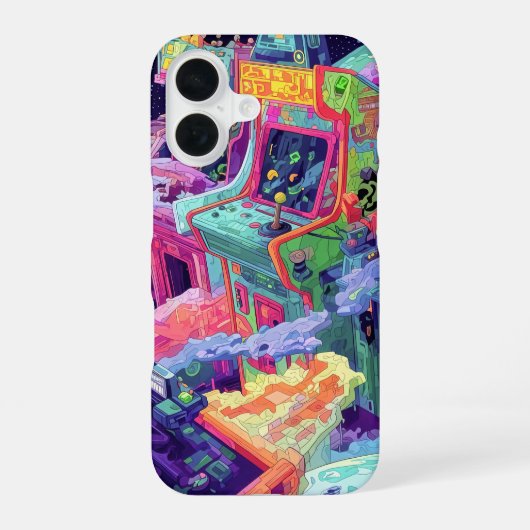 Retro Arcade Machines in de Ruimte iPhone 16 Hoesje (Achterkant)