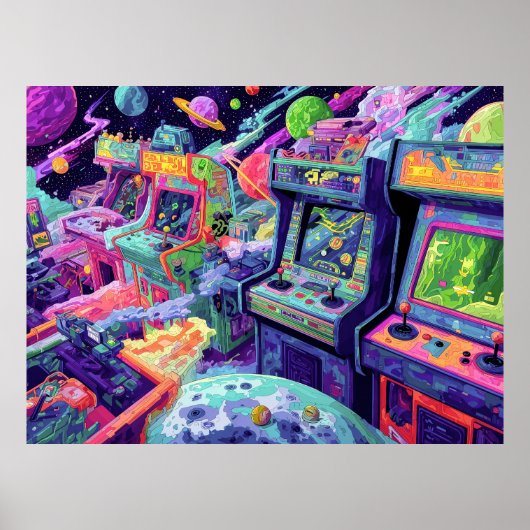 Retro Arcade Machines in de Ruimte Poster (Voorkant)