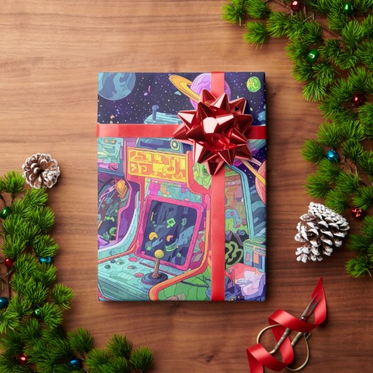 Retro Arcade Machines in Space Cadeaupapier (Feestdagen Geschenken)