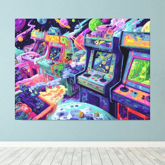 Retro Arcade Machines in Space Canvas Afdruk (Insitu (Houten vloer))