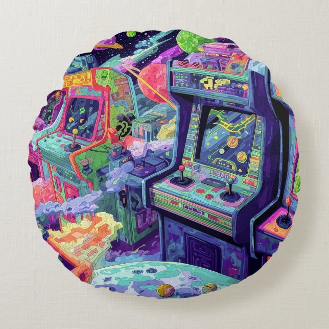 Retro Arcade Machines in Space Rond Kussen (Voorkant)
