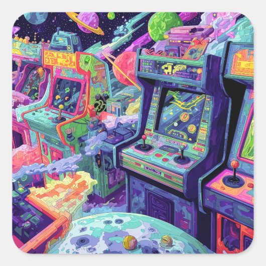 Retro Arcade Machines in Space Vierkante Sticker (Voorkant)