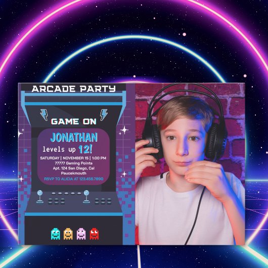 Retro Arcade Photo Birthday Boy | Game On Party Kaart