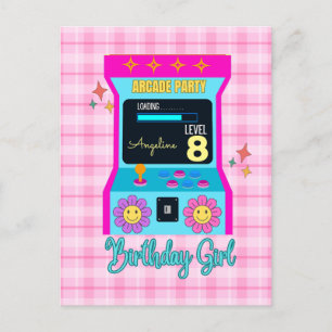 Retro Arcade Spel Verjaardagsfeestje Blauw Roze Briefkaart