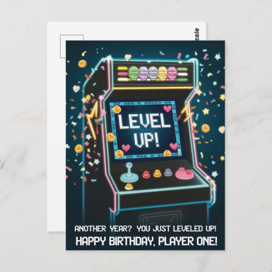 Retro Arcade-thema verjaardag - "Level Up!" gamer Briefkaart (Voorkant / Achterkant)