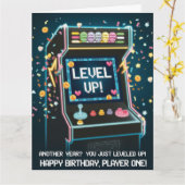 Retro Arcade-thema verjaardag - "Level Up!" gamer Kaart (Gele Bloem)