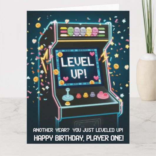 Retro Arcade-thema verjaardag - "Level Up!" gamer Kaart (Voorkant)