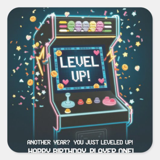 Retro Arcade-thema verjaardag - "Level Up!" gamer Vierkante Sticker (Voorkant)