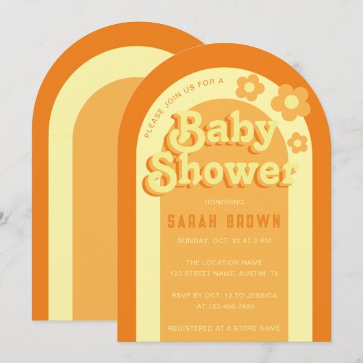 Retro Arch Baby shower Groovy 70s Sinaasappel Geel Kaart (Voorkant / Achterkant)
