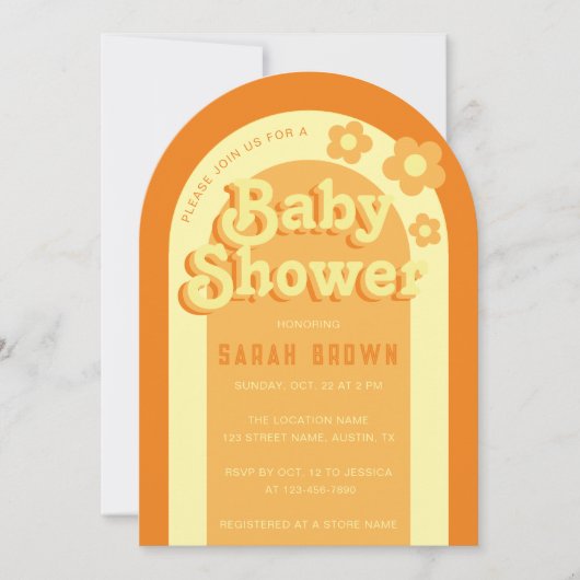Retro Arch Baby shower Groovy 70s Sinaasappel Geel Kaart (Voorkant)