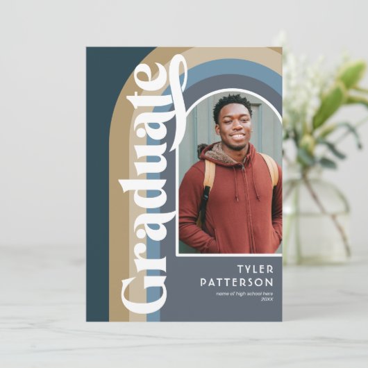 Retro Arch Blue Foto 2025 Afstuderen Aankondiging (Staand voorkant)