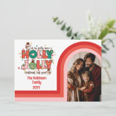 Retro Arch Holly Jolly Kerstmis Familie Foto Feestdagenkaart (Staand voorkant)