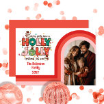Retro Arch Holly Jolly Kerstmis Familie Foto Feestdagenkaart<br><div class="desc">Retro boog fotoontwerp in tinten van roze,  koraal en koraalrood op wit "Oh by Golly Have a Holly Jolly Christmas This Year".</div>