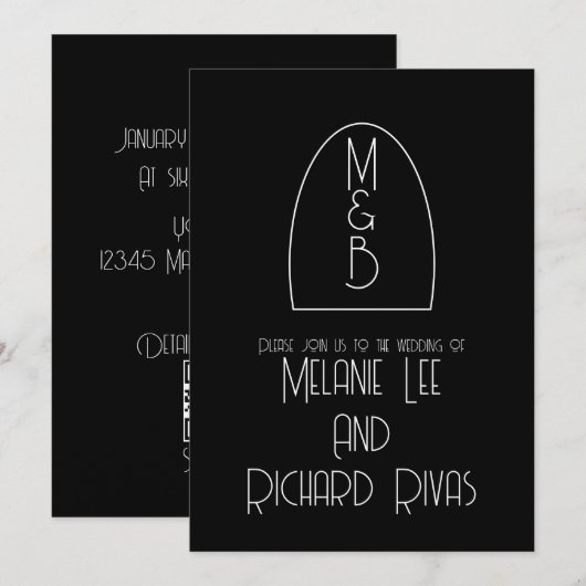 Retro Arch Initiaal Black White Wedding Kaart (Voorkant / Achterkant)