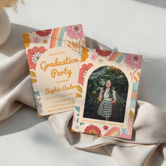 Retro Arch Photo Floral Rainbow Graduation Party   Kaart