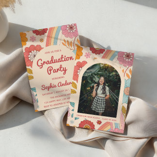 Retro Arch Photo Floral Rainbow Graduation Party   Kaart