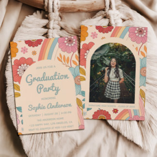 Retro Arch Photo Floral Rainbow Graduation Party   Kaart