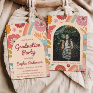 Retro Arch Photo Floral Rainbow Graduation Party   Kaart