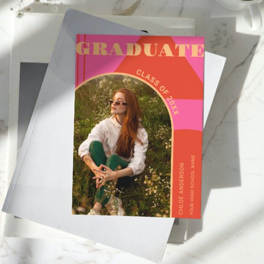 Retro Arch Roze & Oranje Foto Afstudeerder Aankond Kaart