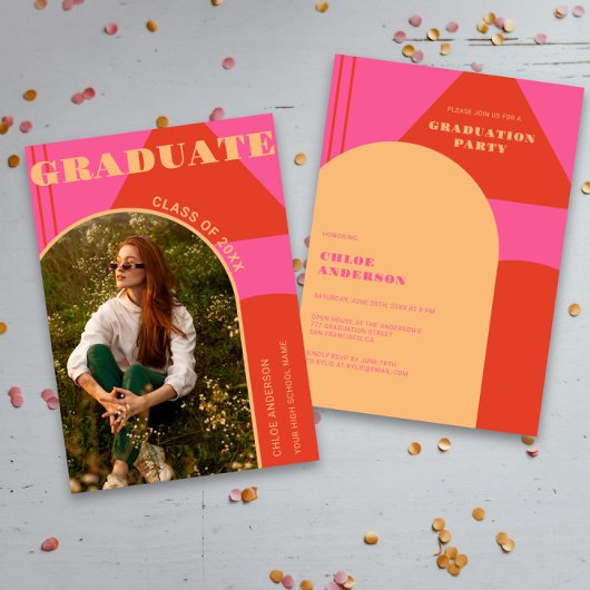 Retro Arch Roze & Oranje Foto Afstuderen Kaart
