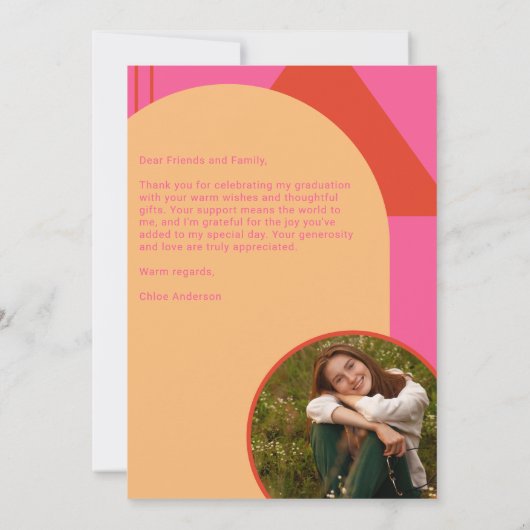 Retro Arch Roze & Sinaasappel 2 Foto Afstuderen Bedankkaart (Achterkant)