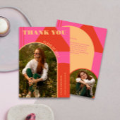 Retro Arch Roze & Sinaasappel 2 Foto Afstuderen Bedankkaart