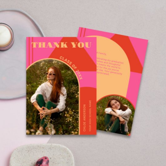 Retro Arch Roze & Sinaasappel 2 Foto Afstuderen Bedankkaart