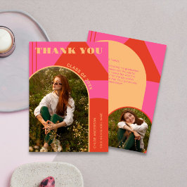Retro Arch Roze & Sinaasappel 2 Foto Afstuderen Bedankkaart