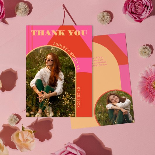 Retro Arch Roze & Sinaasappel 2 Foto Sweet 16 Verj Bedankkaart