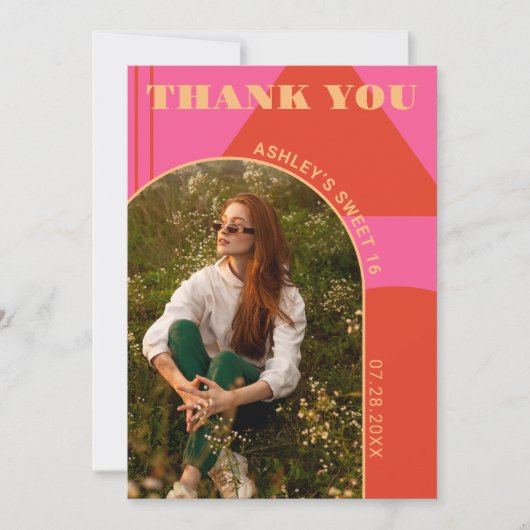 Retro Arch Roze & Sinaasappel 2 Foto Sweet 16 Verj Bedankkaart (Voorkant)