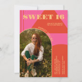 Retro Arch Roze & Sinaasappel Foto Sweet 16 Verjaa Kaart (Voorkant)
