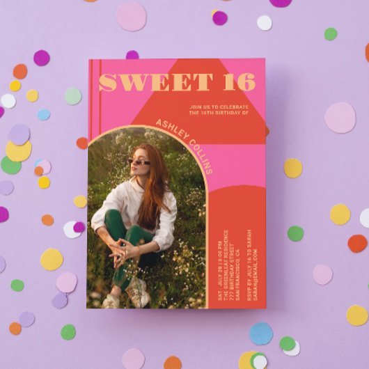 Retro Arch Roze & Sinaasappel Foto Sweet 16 Verjaa Kaart